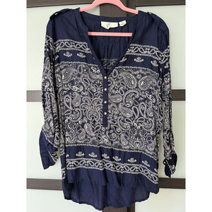 H&M -LOGG Label Blue White Tunic V-Neck Size 6 36 Blouse Women